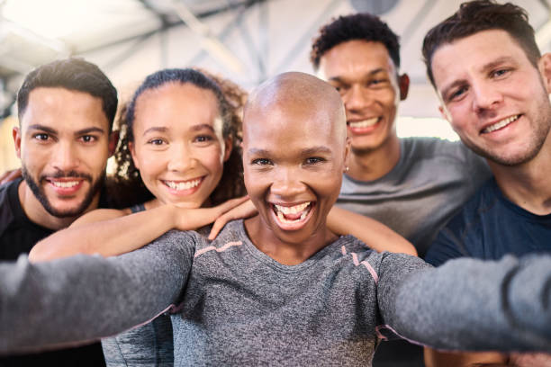fitness club selfie group and portrait for gym diversity